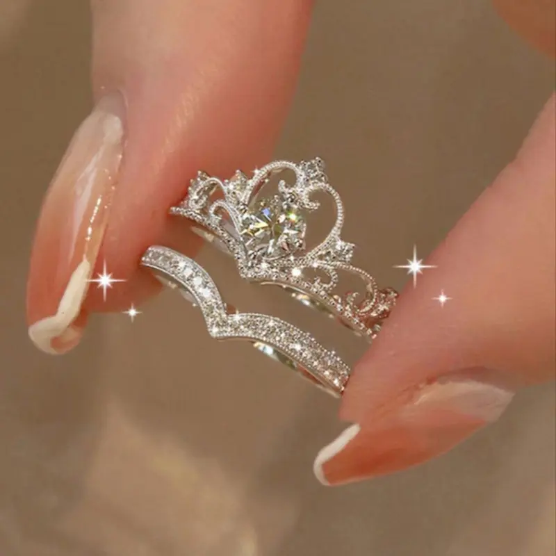 Proposal 2pcs/set Minimalist Elegant Plain Rhinestone Decor Crown Design Engagement Rings, Wedding Rings, Bridal Rings, Fashion Wishbone Ring Matching Rings, Beautiful Rings Accessories for Women & Girls, Valentine's Day, Gift, Wedding Engagement Jewelry