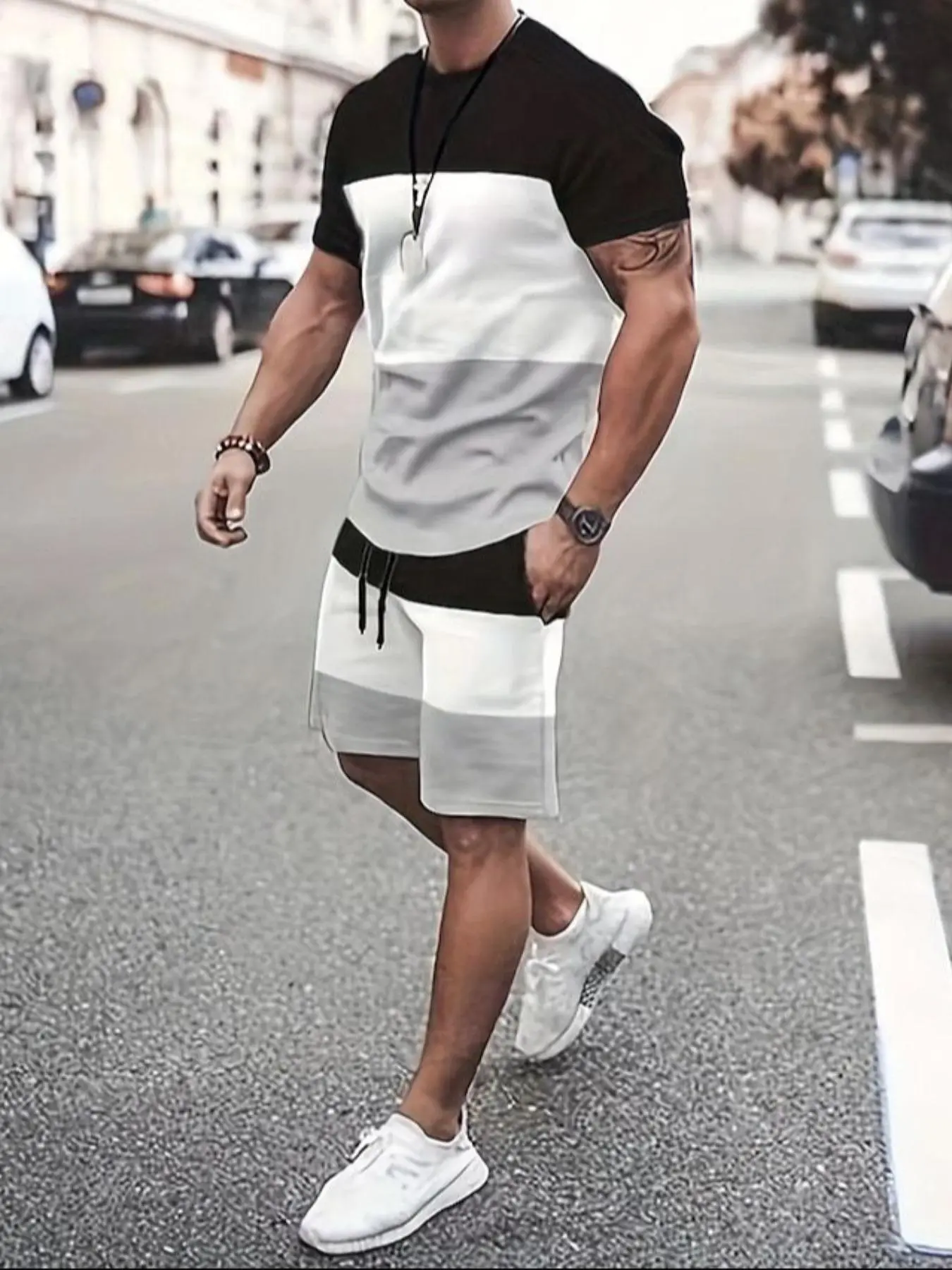 Two-piece Set Men's Colorblock Short Sleeve Tee & Shorts, Regular Fit Casual Round Neck T-shirt & Shorts, Men's Two-piece Shorts Sets for Daily Wear Menswear