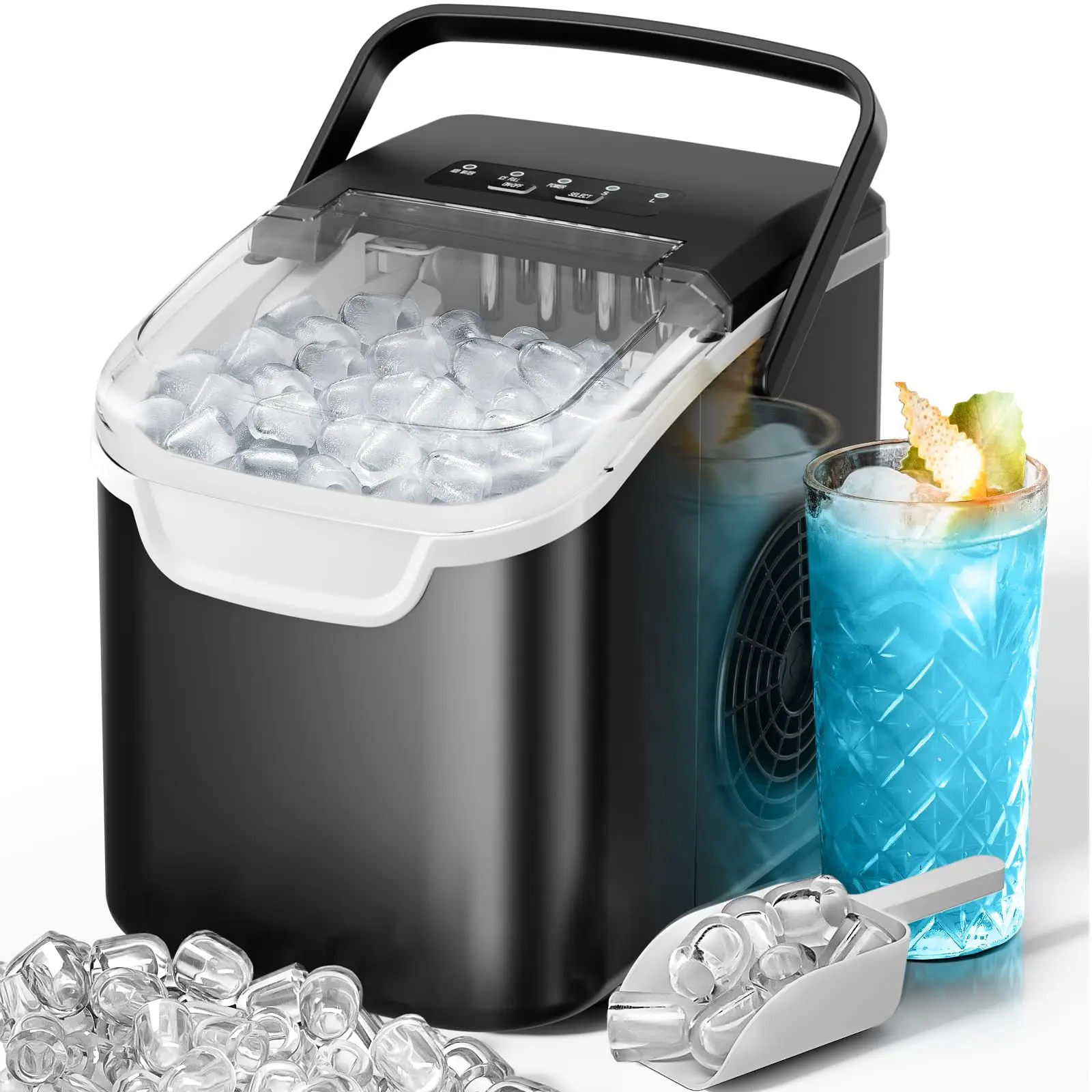 Kismile Portable Mini Countertop Ice Maker Machine (Kitchen Appliances) - 8 Ice Cubes in 6 Mins, 26lb/Day, 2 Sizes, Energy-Saving, Plastic & Brass Components, 8.66"x10.39"x11.22" Footprint, Library-Quiet Operation, Basket & Scoop for Home/RV