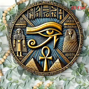 1PC 2D Flat 20.32x 20.32cm Iron Wall Art - Ancient Egyptian Totem Decoration, Eye of Horus, Anubis and Ra Design - Gold and Blue Artwork, Suitable for Home, Office, Room or Gift - Perfect for Holidays, Birthdays