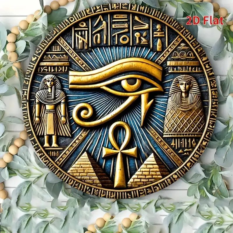 1PC 2D Flat 20.32x20.32cm Iron Wall Art, Aesthetic wall decor, Decoration Items - Ancient Egyptian Totem Decoration, Eye of Horus, Anubis and Ra Design - Gold and Blue Artwork, Suitable for Home, Office - Perfect for Holidays, Birthdays