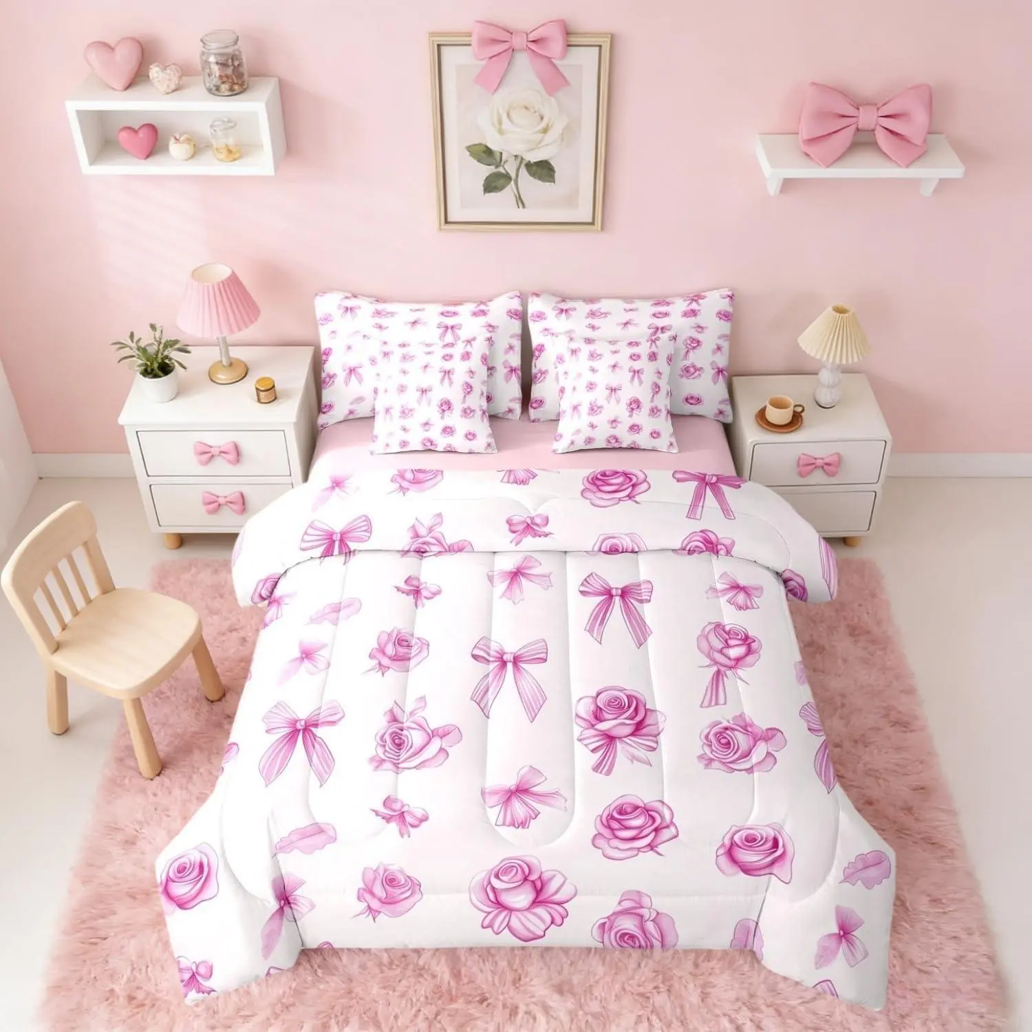 Pink Rose 7 Piece Bedding Set Coquette Bowknot Bed in A Bag Bow Tie Decor Comforter with Sheets Princess Preppy Bed Sets