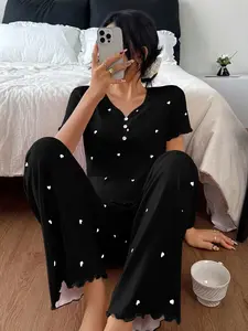 Spring Summer New Heart Print Women's Pajama Set, V Neck Front Button Design, Elastic Fabric, Comfortable Breathable Soft Skin-Friendly Loungewear Pjs Nightwear