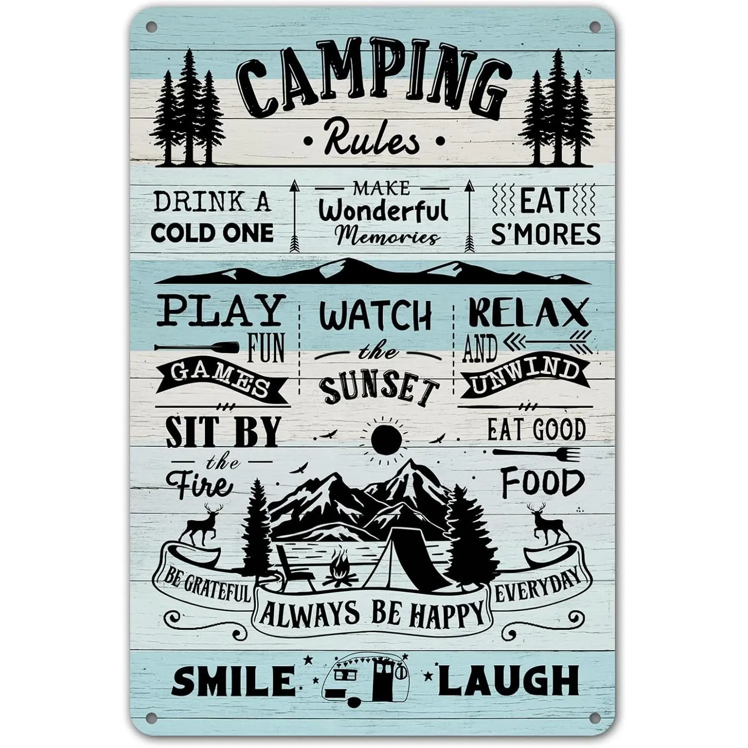 12 x 8 Inch Camping Rules Metal Sign, Vintage RV Camper Wall Decor, Rustic Outdoor Camping Sign for Trailer, Cabin, Campground, Lake House, Camper Gifts, Adventure Hanging Plaque