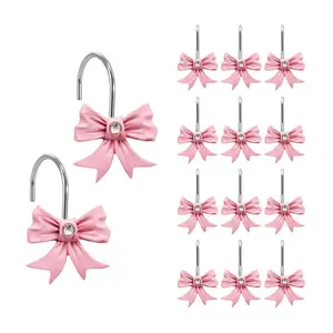 12PCS Decorative Shower Curtain Hooks, Pink Bow Knot Resin Curtain Hooks Shower Rings for Bathroom, Art Decors (Bow Knot)