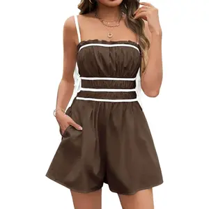 Imily Bela Essentials Womens Summer Spaghetti Strap Romper Sleeveless Ruffle Color Block Short Jumpsuit Smocked Vacation Beach Outfits
