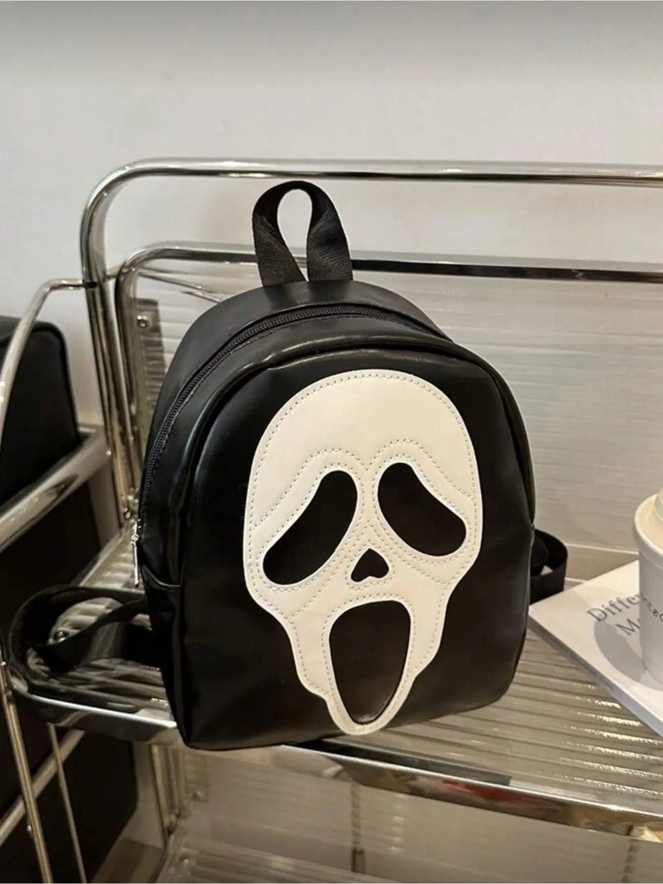 Women's Halloween Skull Print PU Mini Backpack Fashion Contrast Color Casual Daily Bag with Phone Pocket Small Size for Girls Party Casual Printed Backpack
