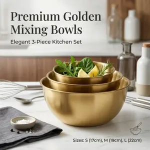 3-Piece Premium Golden Stainless Steel Mixing Bowl Set, Elegant Nesting Bowls in S/M/L Sizes, Versatile Kitchen Prep Bowls for Baking, Salads & Food Storage, Stylish Golden Finish for Modern Kitchen Decor