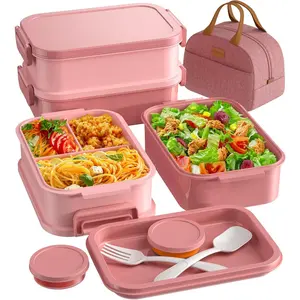 Adults Bento Box Set with Thermo Bag, 74oz Stackable Leak-3-Bento Box,-in Utensil and Sauce Container for Work, School, Dining Out (Pink)