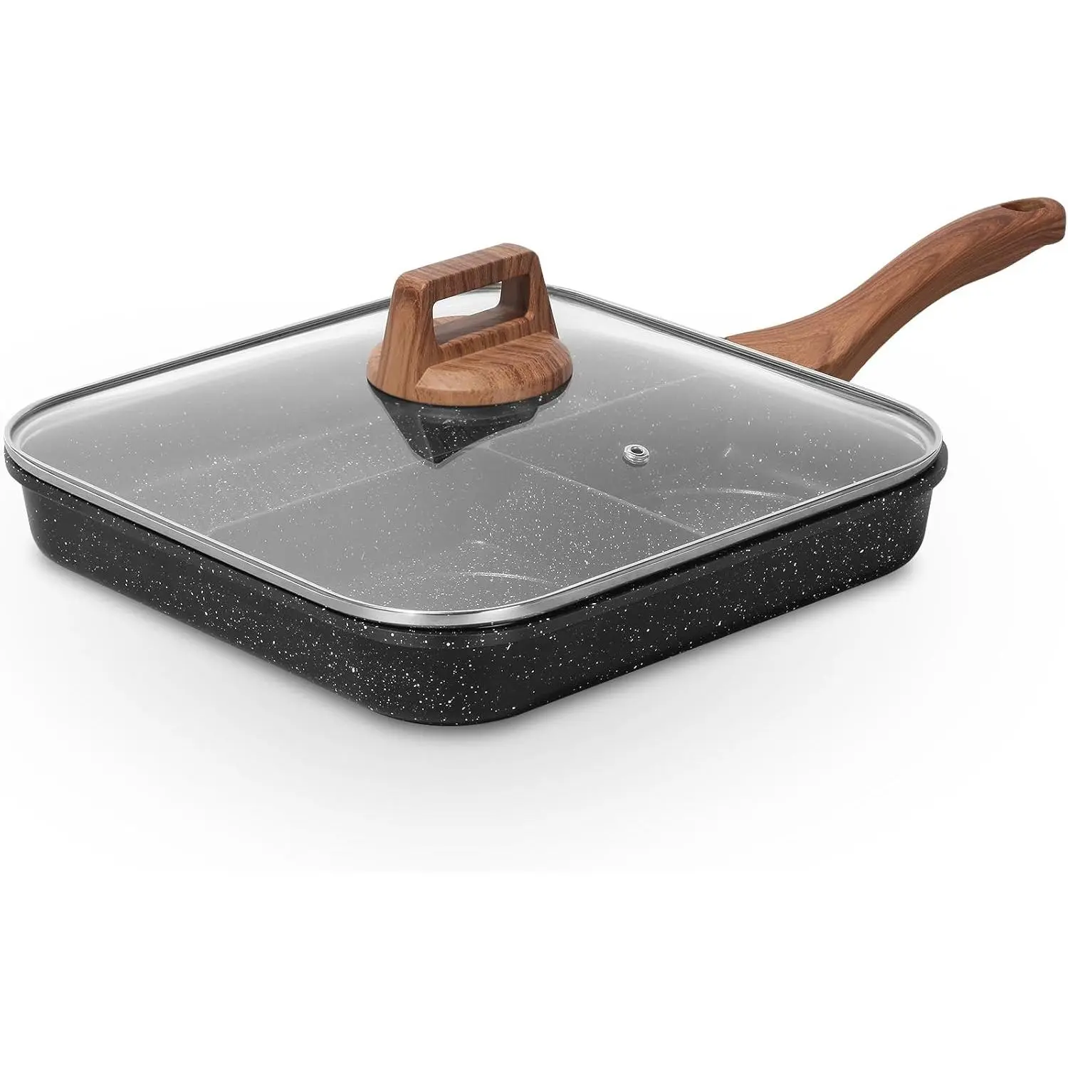 11-Inch Sturdy Nonstick Divided Grill Skillet with Lid - Oil-Saving PTFE & PFOA-Free Black Cookware, 3-In-1 Induction Pan with Parallel Ridges & Magnetized Base, Cold Wash Safe for Indoor Stovetop Use