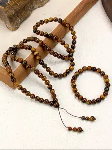 Vintage Tiger Eye Bead Necklace Bracelet Set, 99 Beads Prayer Handheld Rosary, Retro Style Beaded Jewelry for Women and Men