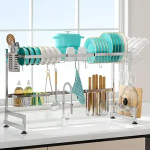 Over Sink Dish Drainer Drying Rack, 2 Tier Stainless Dish Rack Over Sink Sink Length (33.5-40 in), Expandable Drainer Shelf Rack with Multifunctional Organizers, Sliver