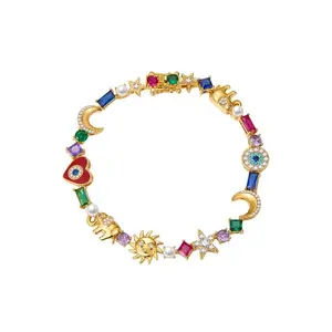 High-grade CZ Charm Bracelet for Women - Evil Eye, Lucky Elephant & Moon Star Colorful Zircon Link Bracelet
