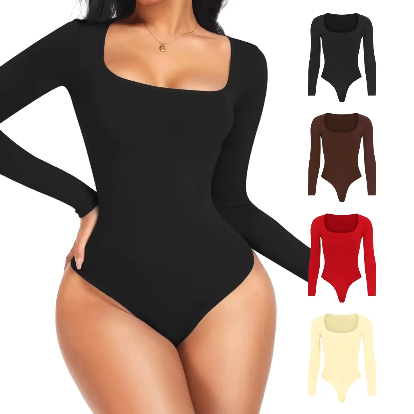 Women’s Square Neck Long Sleeve Bodysuit – Autumn Winter Shapewear, Slim Fit Stretch One-Piece Tops, Stylish Basic Layering Outfit,  Womenswear Minimalist,summerwins