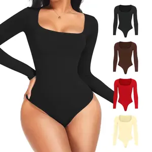 Women’s Square Neck Long Sleeve Bodysuit – Autumn Winter Shapewear, Slim Fit Stretch One-Piece Tops, Stylish Basic Layering Outfit,  Womenswear Minimalist