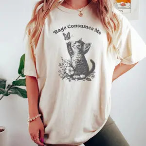 Women's 100% Cotton Printed Short-Sleeve Sweatshirt - Vintage-Inspired Cat & Butterfly Graphic, Flat Classic Fit T-Shirt for Sarcastic Fashion Lovers