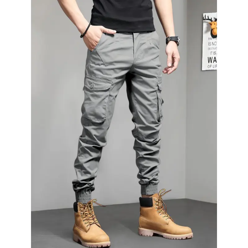 Men's Polyester Solid Cargo Cropped Pants - Slim-Fit Barrel Joggers with Multi Pockets, Menswear Workwear for Outdoor Activities