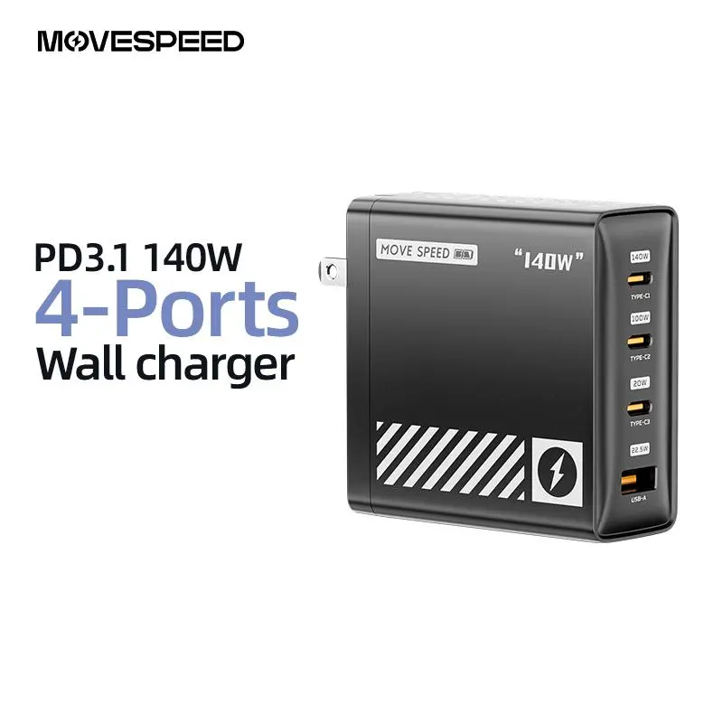 MOVESPEED 140W Model USB-C PD3.1 Compact GaN Laptop Wall Charger, 4-Port Multi-Device Charging (3xUSB-C + 1xUSB-A), Foldable Plug, PD3.1 Fast Charging for 1000+ Devices (With Cable)