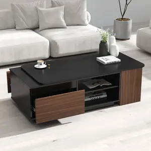 Extendable Coffee Table with Drawer 48-66'' Long Rectangle Mid Century Modern Coffee Table Large Storage Shelf Unique Contemporary Adjustable for Small Spaces (Black/Walnut)