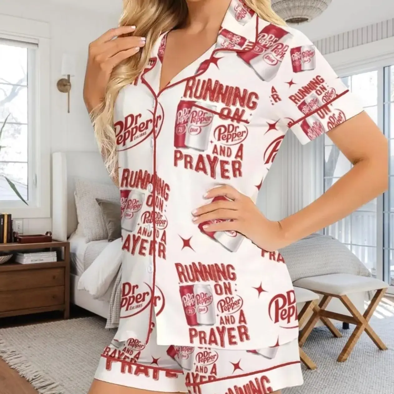 Sarcastic "Running on Prayer" Soda Satin Pajama Set