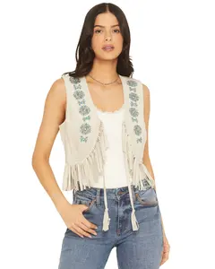 Shyanne Women's Embroidered Faux Suede Cropped Vest - Swfa25v1-Oat