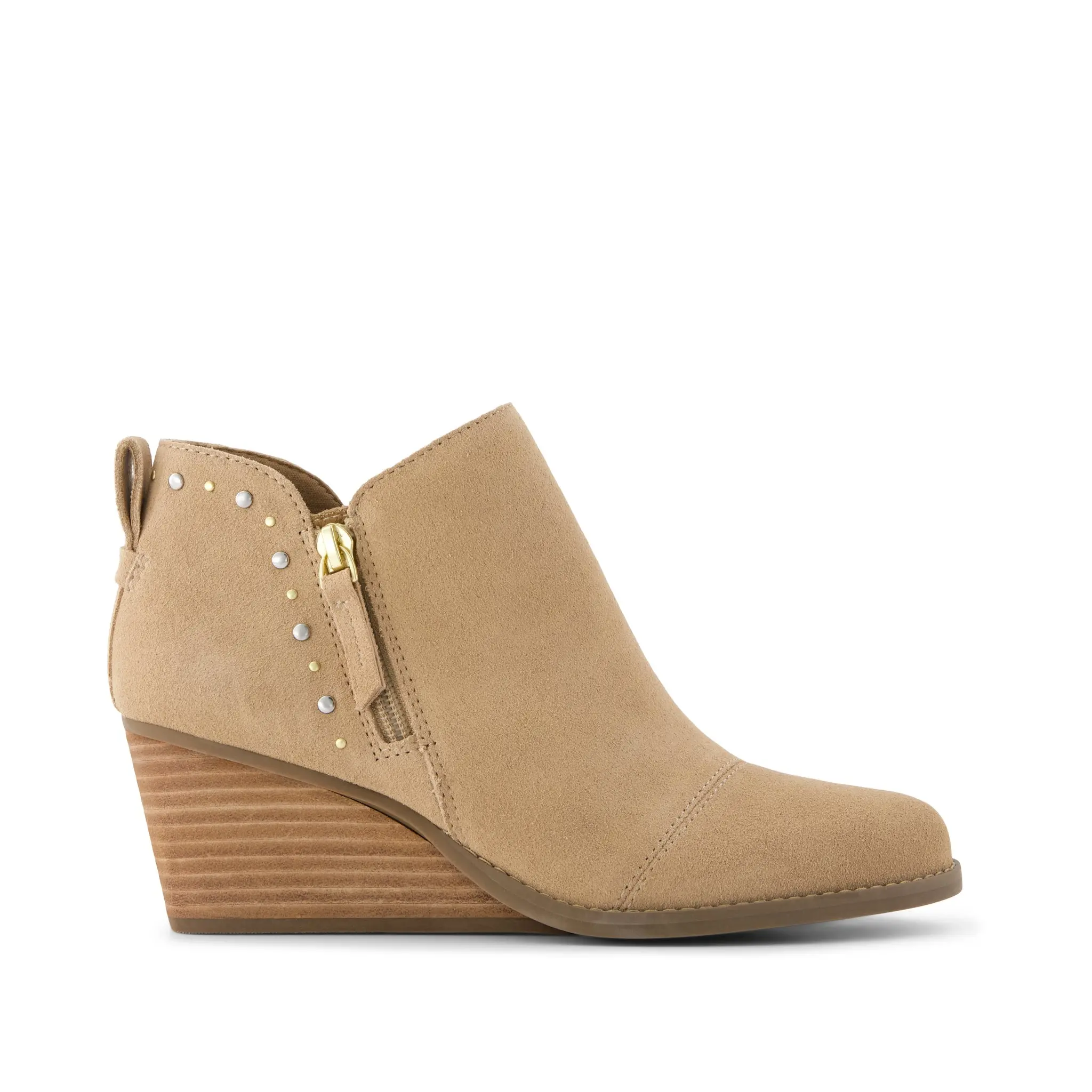 Womens Goldie Wedge Ankle Bootie Taupe Suede with Studs