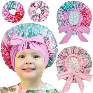 2 count  Satin Bonnets for Girls with Scrunchies,Hair Bonnet for Sleeping, Tie Silk Bonnets Curly Sleep Cap