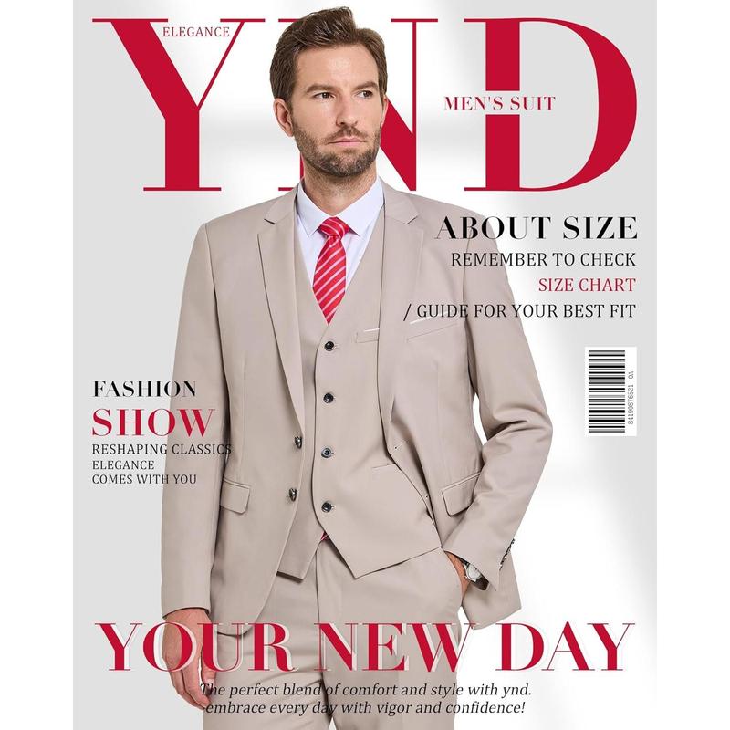 YND Men's 3 Piece Suit Set with Tie, 2 Button Slim Fit Solid Blazer Jacket Vest Pants, Business Wedding Party Suits for Men