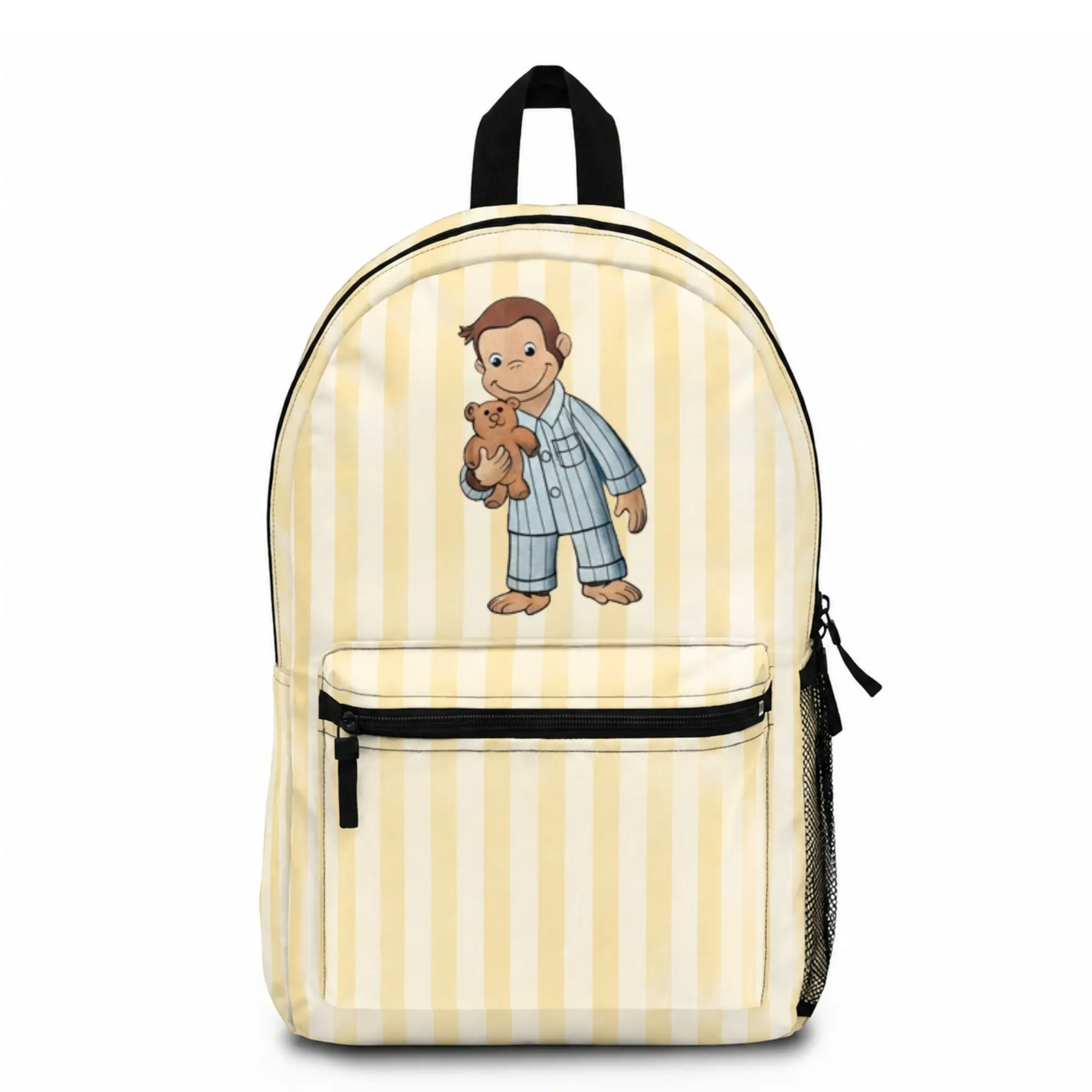 Cute Curious George Backpack, Yellow Striped School Bag, Adorable Monkey with Teddy Bear Design, Casual Daypack, Lightweight Travel Backpack