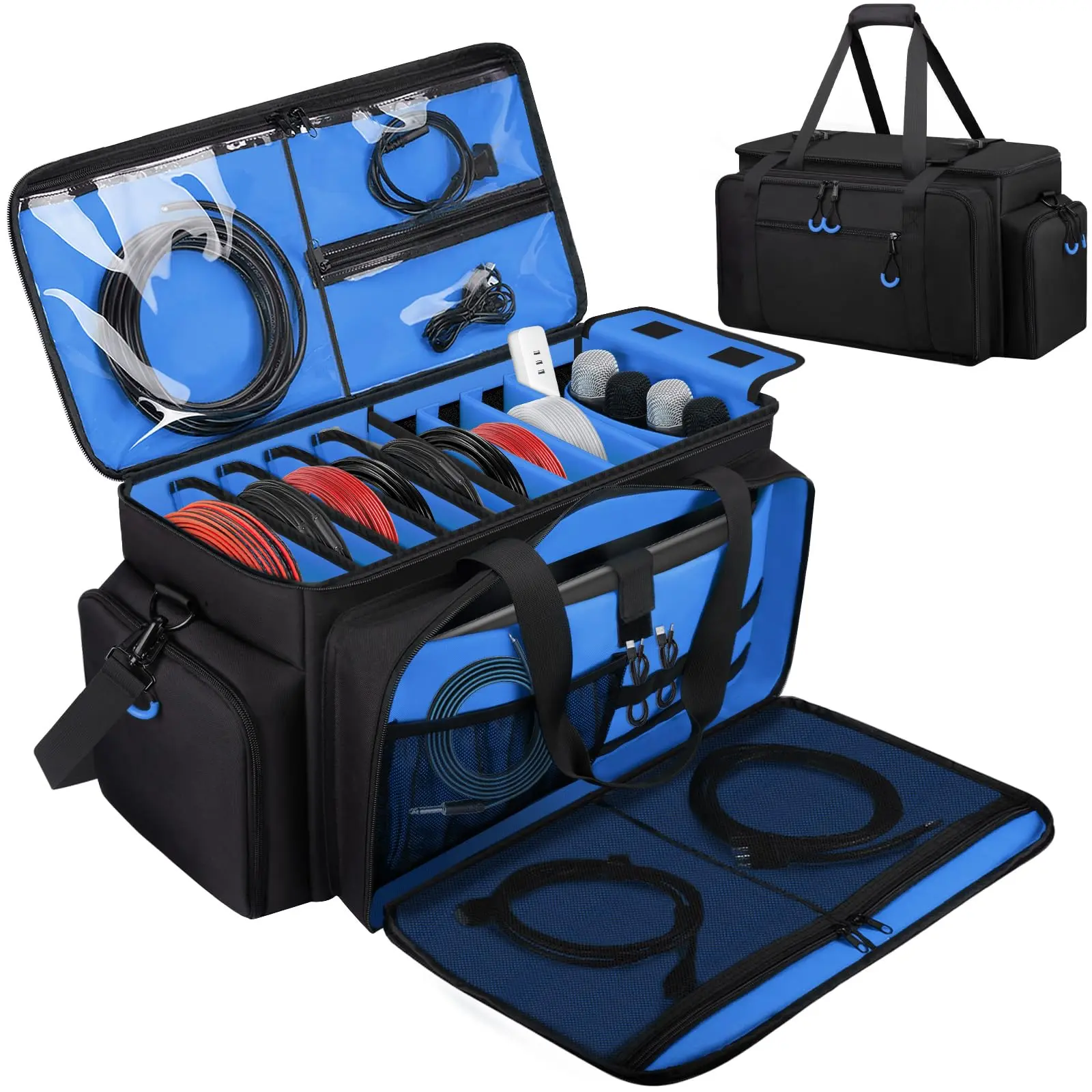 Large Dj Cable Bag With Laptop And Microphone Pocket  For Equipment Music Accessories Detachable Dividers Bottom Pad Gig Bags Musicians Professional Travel Blue