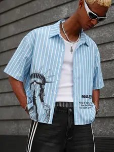 Men’s Blue & White Striped “Hands-Covered Statue of Liberty” Cropped Streetwear Shirt, Short Sleeve Button-Up with “Choice of Fate” Quote, Perfect for Casual Outings, Y2K Style, and Everyday Wear for a Bold, Urban Vibe. #Streetwear #StripedShirt #StatueOf
