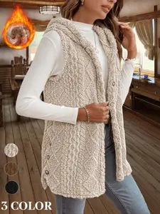Women's Fuzzy Cardigan Coats Cozy Warm Sleeveless Hooded Sherpa Fleece Shacket Button Down Front Shacket Coat Thick Fleece Lined(gift)