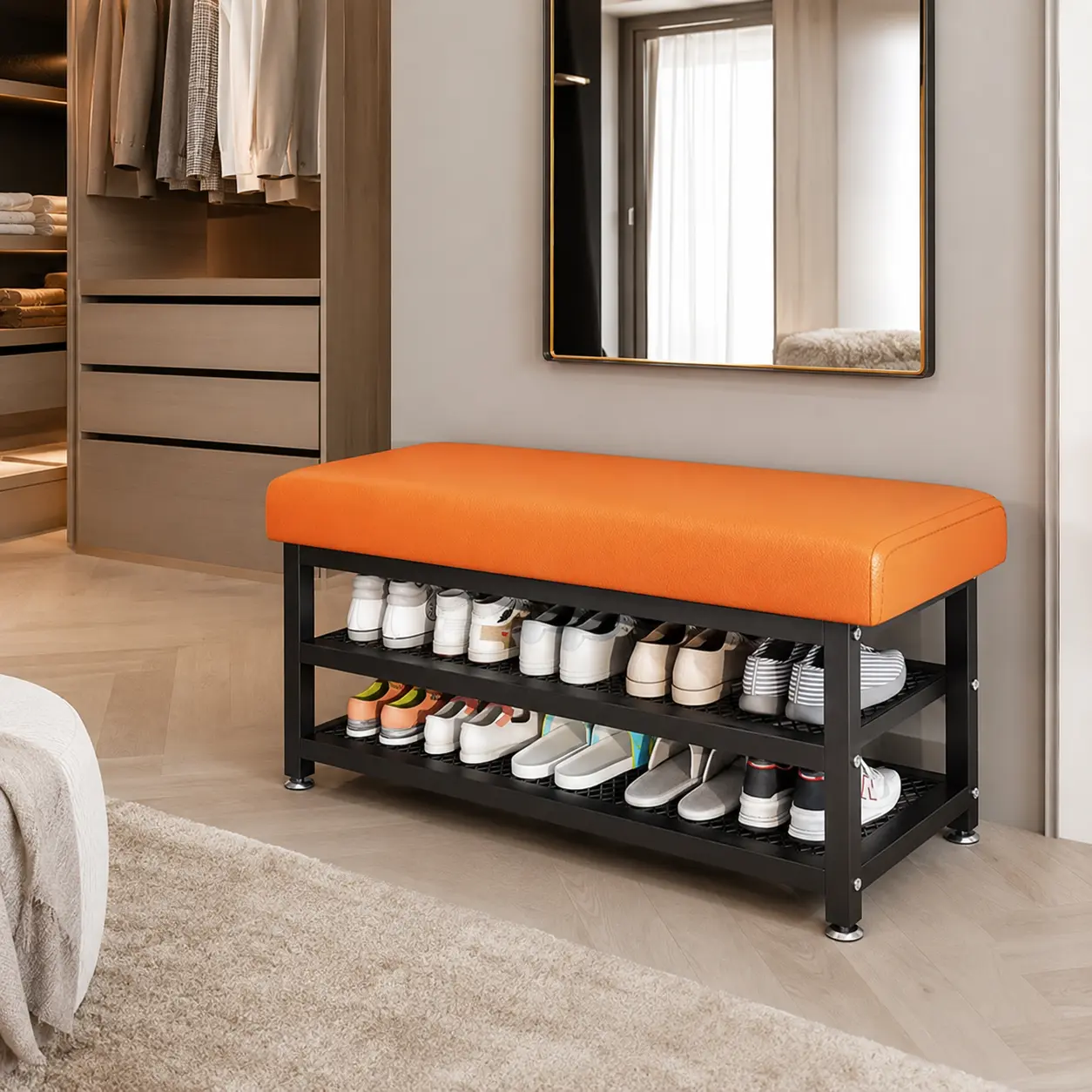 3 Tier Shoe Rack Bench with Padded Seat Cushion, Heavy Duty Black Metal Frame Shoe Storage Bench, Modern Upholstered Shoe Organizer Bench for Entryway, Hallway, Closet, Bedroom
