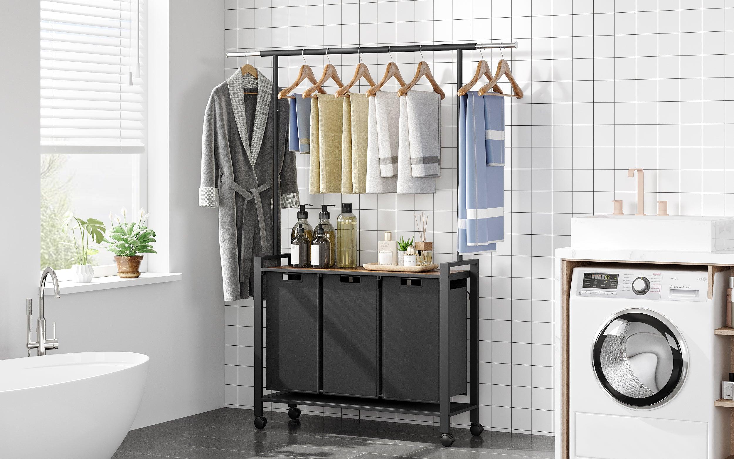 【GARVEE】Laundry Sorter with 3 Sections, Hanging Rack, Rolling Cart on Wheels, Pull-Out Removable Basket, and Shelf in Rustic Brown and Black - Organized Laundry Solution