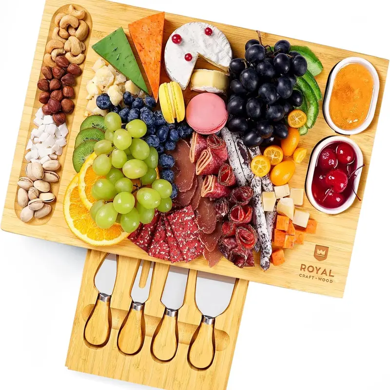 Royal Craft Wood Charcuterie Board with Knives - Cheese Platter & Serving Tray, Cheese Board Set, Wooden Bamboo Tableware with Cutlery