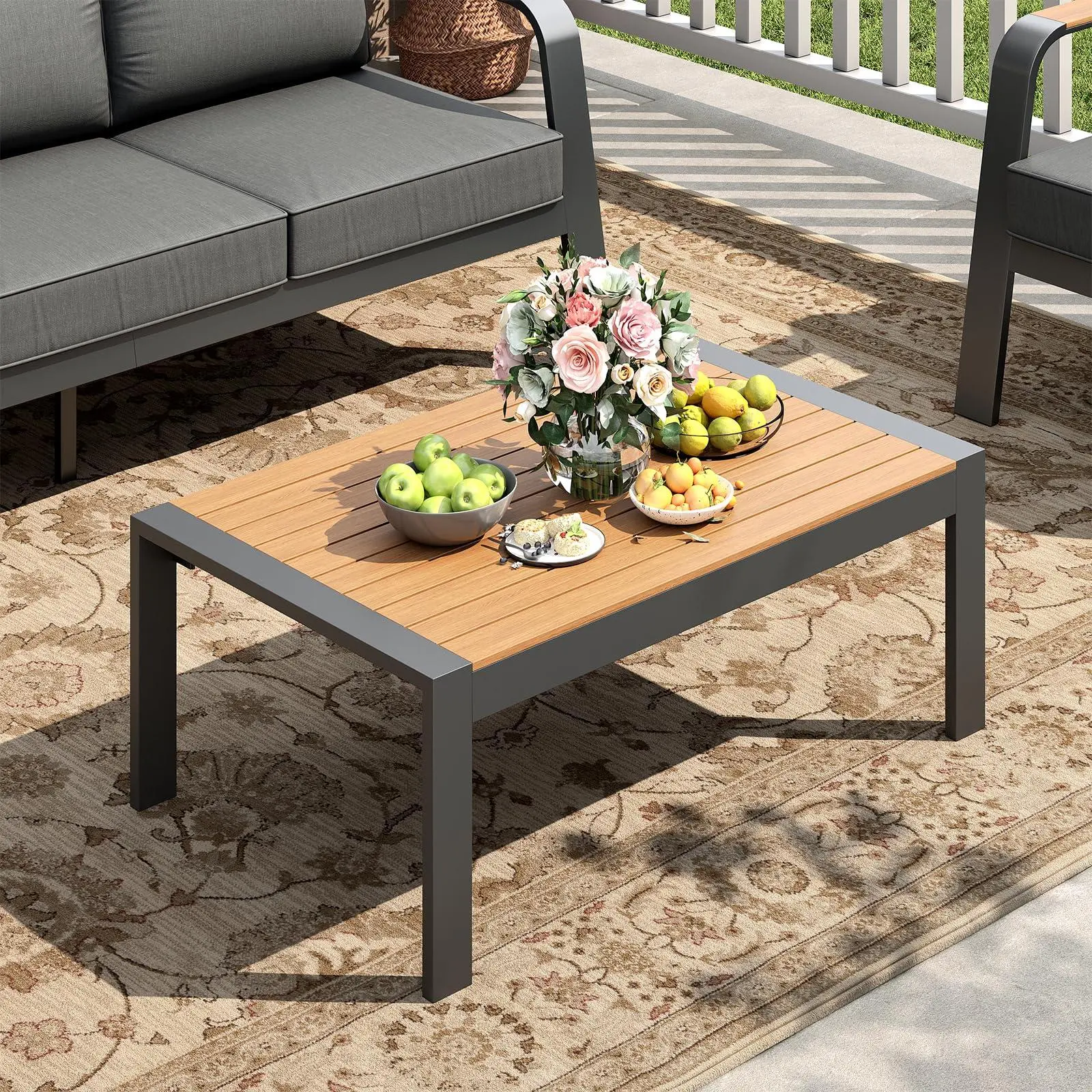 GARVEE Rectangle Aluminum Frame Outdoor Coffee Table, All-Weather Furniture with Wood Grain Tabletop, for Patio, Backyard