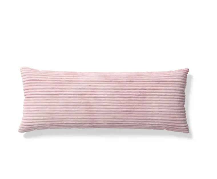 Plush Ribbed Corduroy Body Pillow with Removable Cover, 48" x 20", Light Pink Bedding Pillowcase Accessory