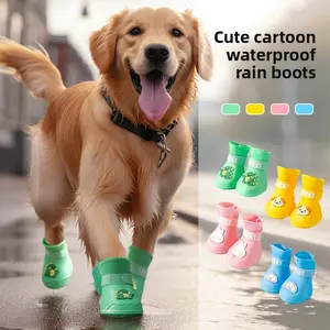 Medium Large Dog Rain Boots Waterproof Anti-Drop Pet Shoes for Golden Retriever & Corgi Summer Outwear Colorful Cartoon Design, Silicone, Dry Feet
