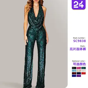 Spot European and American new 2025 summer cross-border jumpsuit women's clothing sleeveless halter neck sequin jumpsuit women
