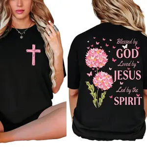 Blessed By God, Loved By Jesus, Led By The Spirit Tee Pure Cotton Casual Street Style Crew Neck Short Sleeve T-Shirt Tops Trendy for Women