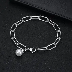 Men's Stainless Steel Cuban Chain Bracelet - 1 Piece, Fashionable Simple Neutral Look, Imitation Pearl Square Buckle, Ideal Holiday Gift, Travel Accessory