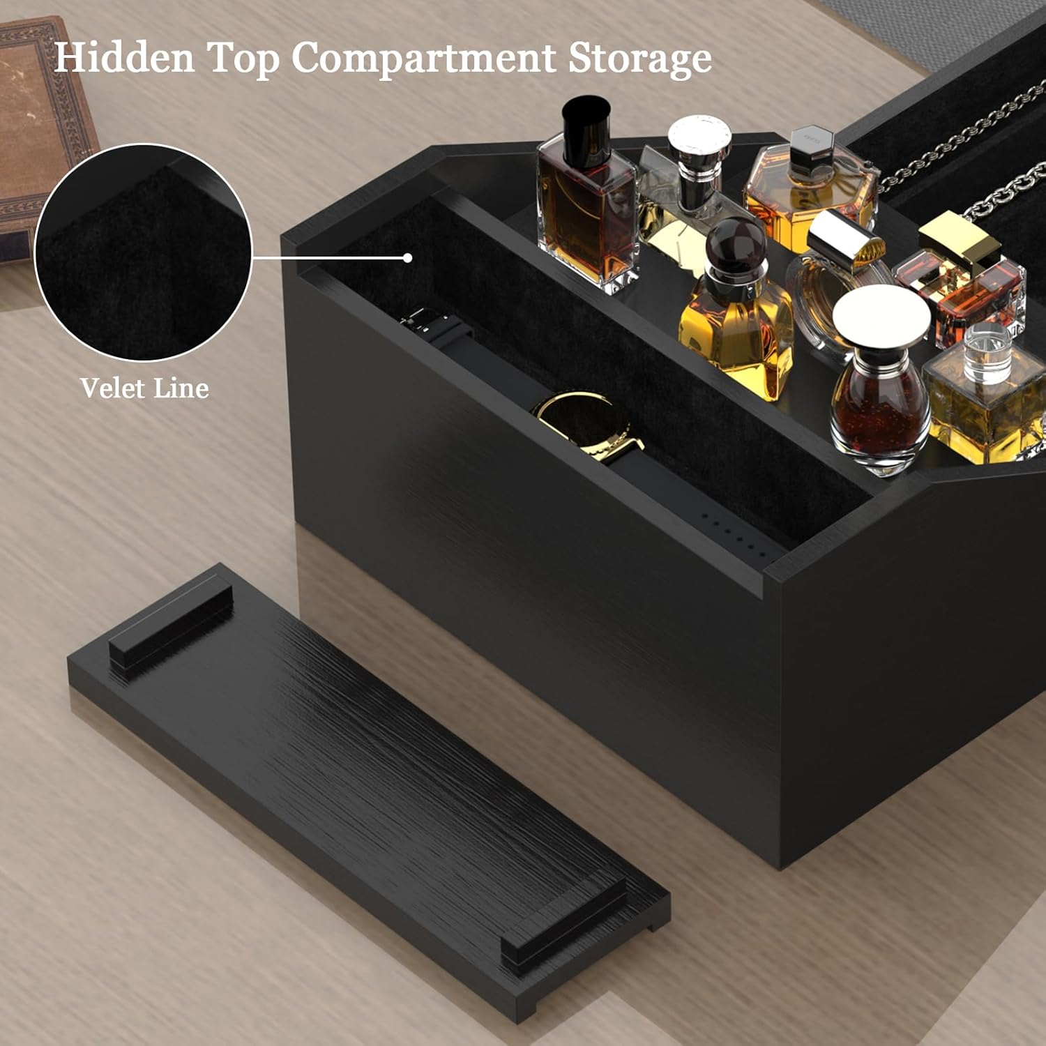 Wooden Cologne Organizer for Men 4 Tier Stand Shelf with Velvet Lined Drawer Hidden Storage Perfume Display Holder Classy Black Gift