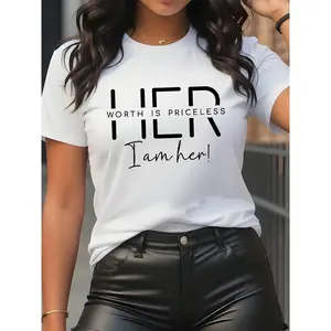 Ladies' Letter Printed Crew-Neck T-shirt - Summer casual short-sleeved crew-neck T-shirt - Stylish ladies' everyday top