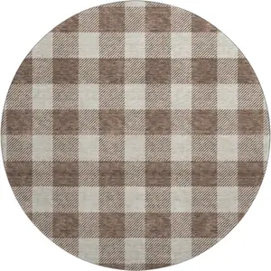 HomeRoots 673360 8 ft. Brown & Beige Plaid Transitional Washable Round Area Rug with UV Protection