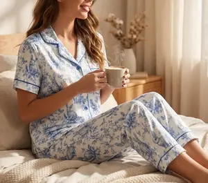 French Toile Bunnies Lounge Set, Bridal Party Gift, Wedding Morning PJs, Mothers Day 2026 Pajama Set, Blue and White Floral Bunny Sleepwear