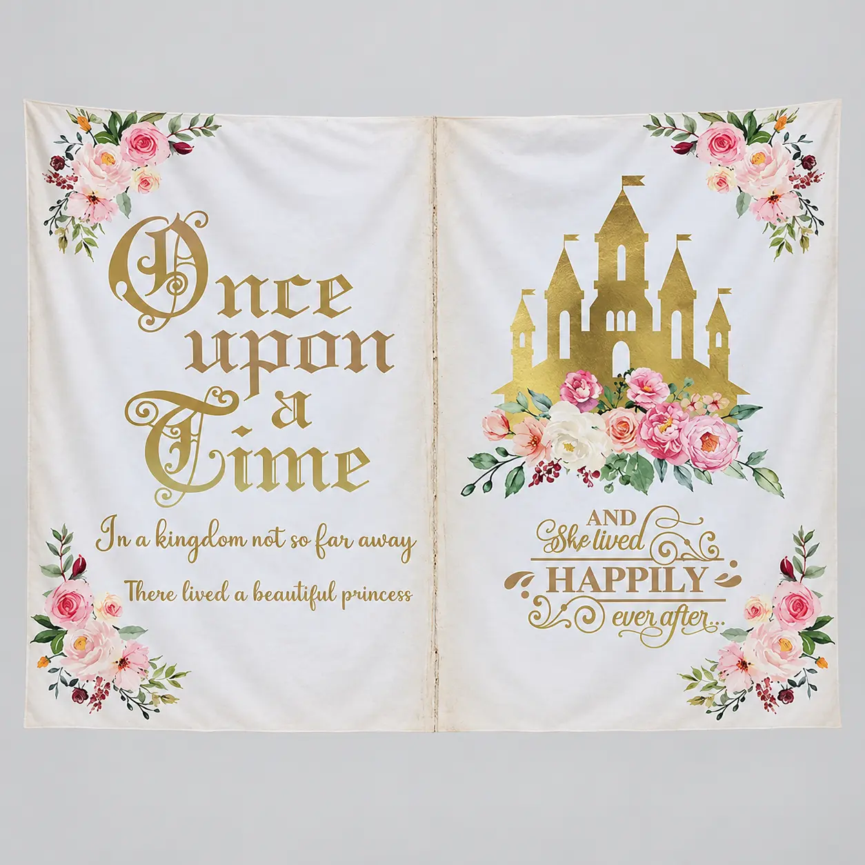 1pc 2D Flat Print Banner, Fairytale Storybook Backdrop with Gold Princess Castle, Pink Flowers and Once upon a Time Design, Photo Backdrop for Portrait Photography and Event Decor