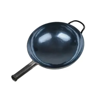 ZhenSanHuan Hand-hammered High-quality Chinese Wok Iron Handle (36CM, round bottom, preseasoned, long iron handle with silicone handle cover, help handle)