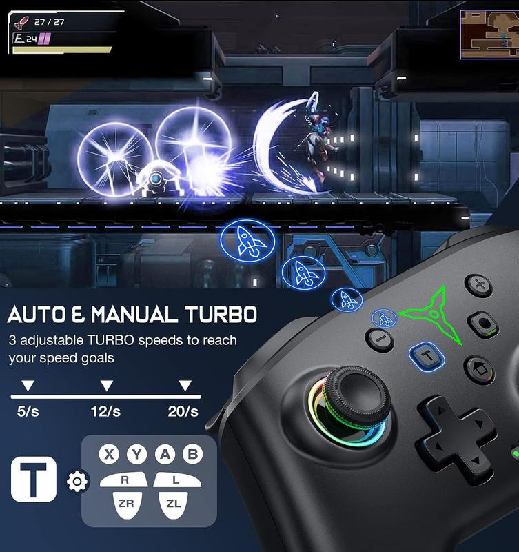 ESYWEN Wireless Switch Controller for Switch/Lite/OLED & Wired PC Programmable TURBO Wakeup 9 Color Breathing LEDs 1000mAh Battery USB-C Charging