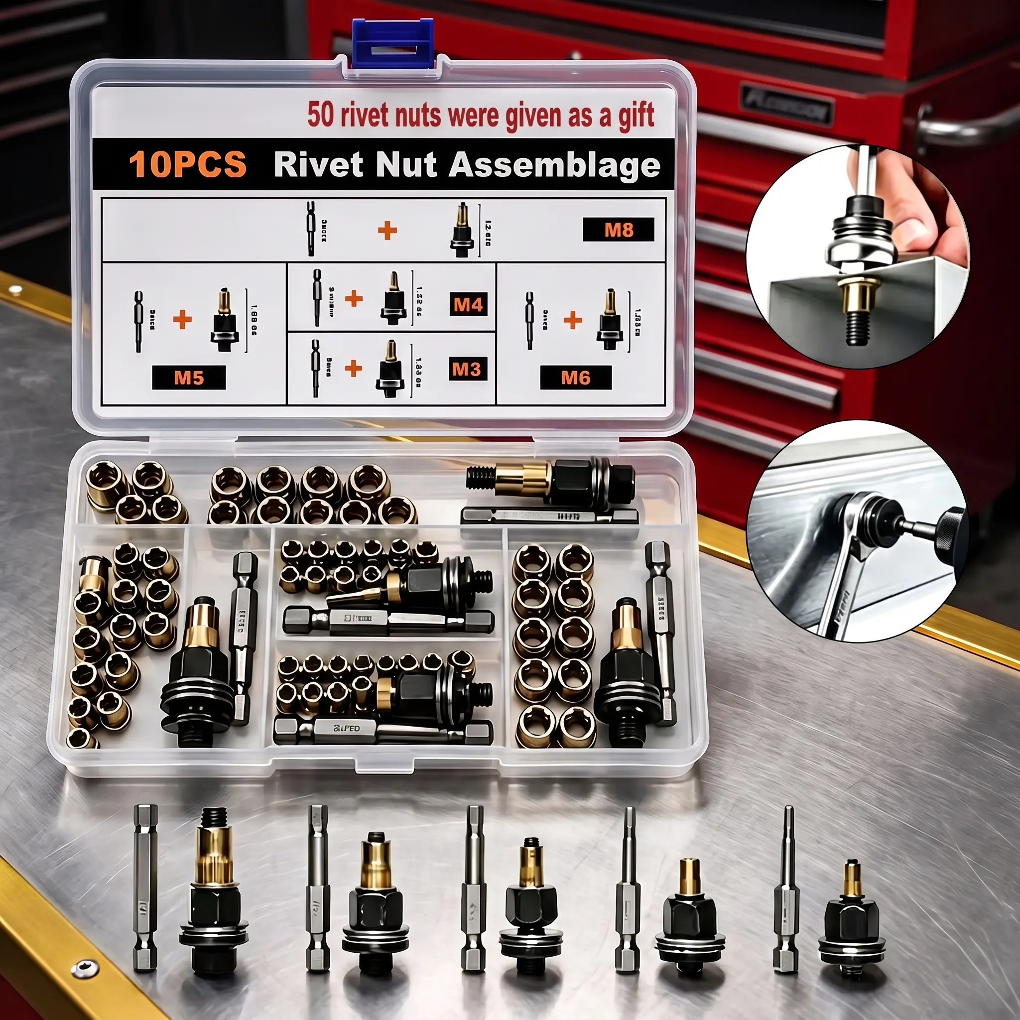 Rivet Nut Tool Kit, 10 PCS Rivet Nut Assembly Tool Set with 50 PCS Rivet Nuts, Metric M3 M4 M5 M6 M8 Rivnut Tool for Repair and Installation Work