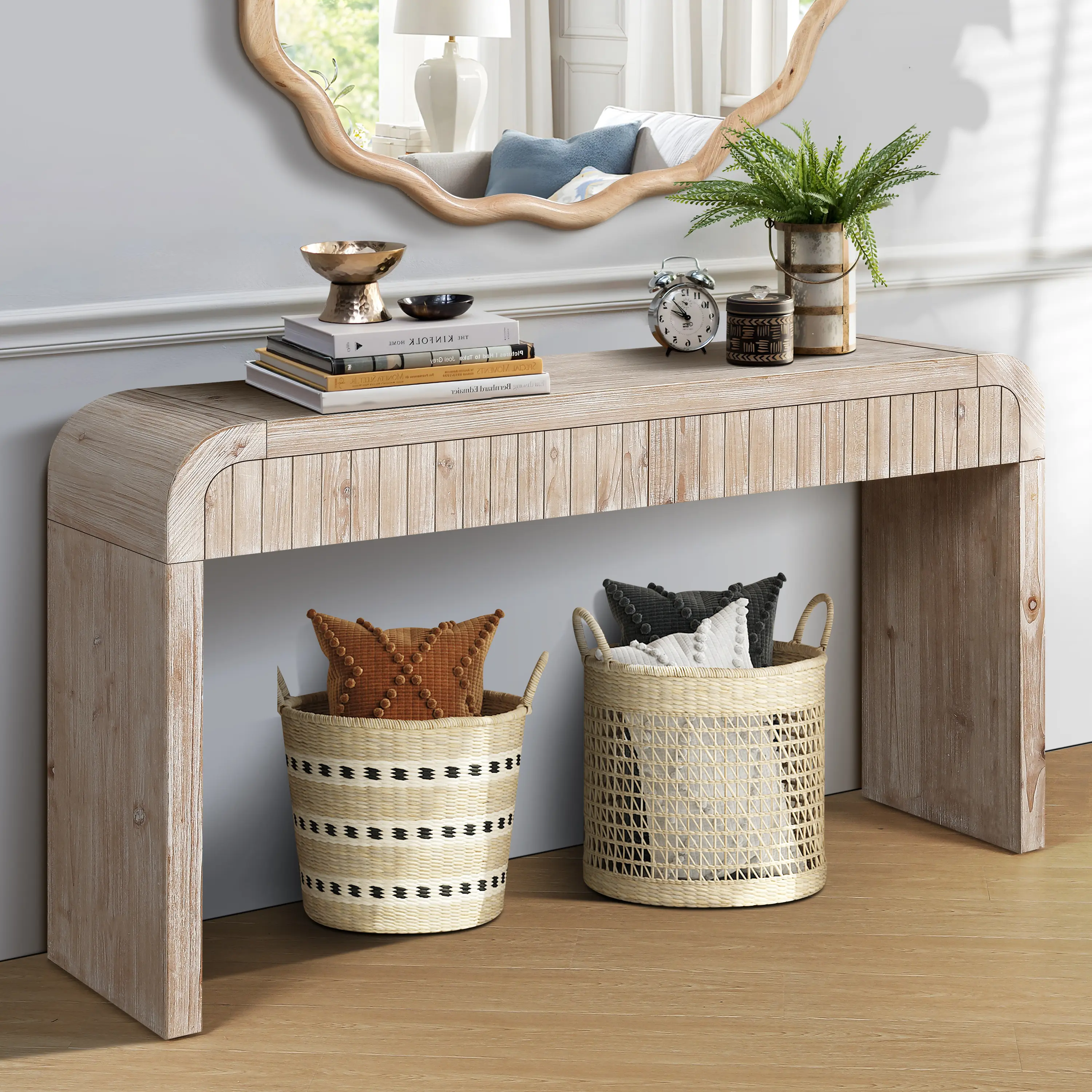Modern Black Console Table with Fluted Detail - Waterfall Edge Entryway Table for Hallway Living Room